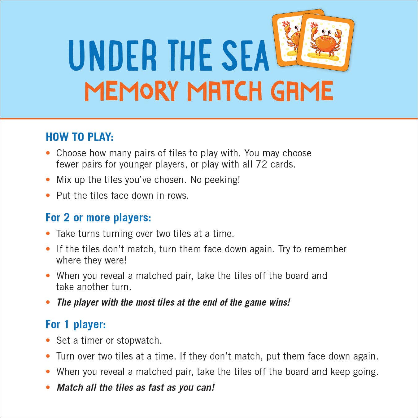 Memory Matching Game: Under the Sea  (Set of 72 cards)