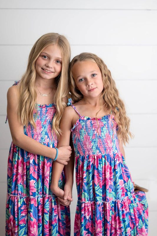 Maxi Dress: Girls Hot Pink Hawaiian Tropical Tiered
