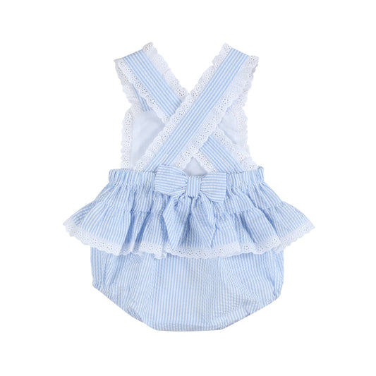 Romper: Light Blue Seersucker Easter Bunny Ruffle Romper