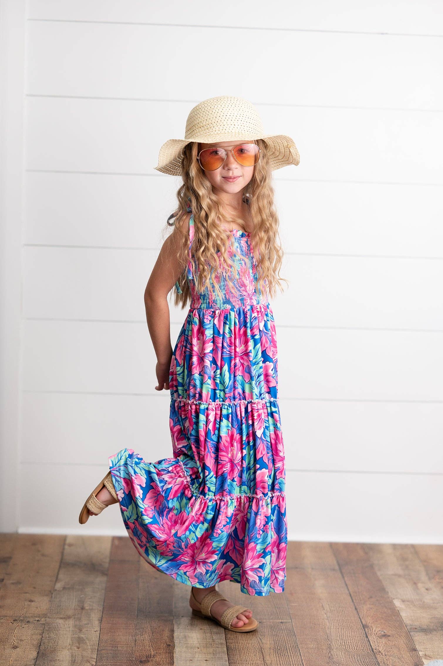 pink hawaiian print dress Maxi Dress: Girls Hot Pink Hawaiian Tropical Tiered 3/4