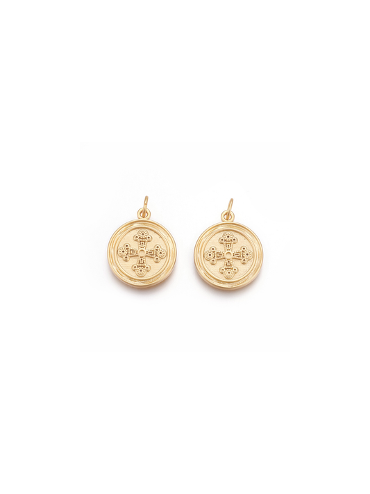 Charm: Gold Matte Gold Filigree Cross Disc Charm