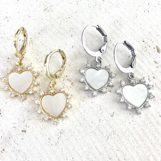 Earrings: Drop Hearts with Crystal Spikes - Mother of Pearl