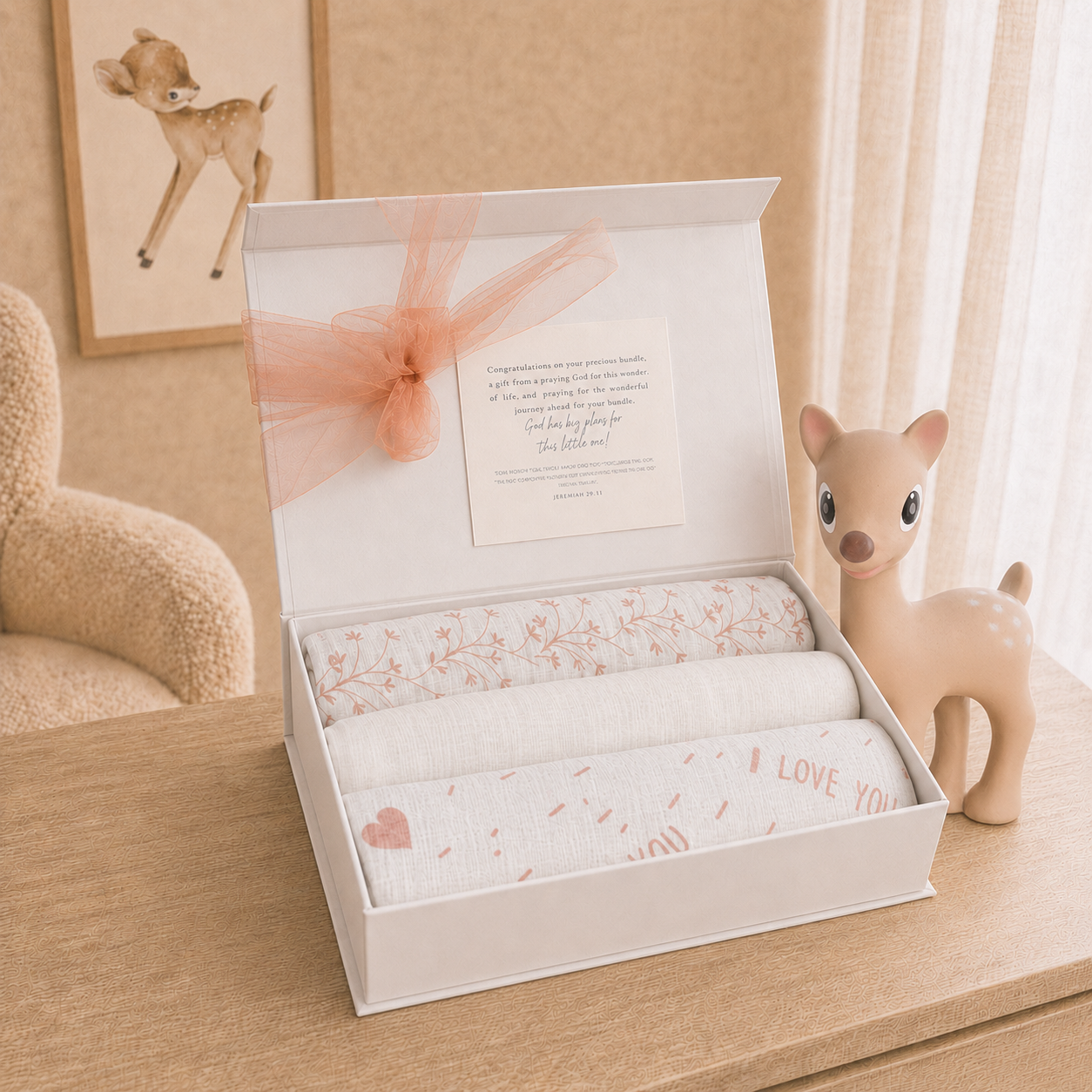 Swaddle Muslin Blankets: IN THE MEADOW, Set of 3, Girl Newborn Gift w/Doe