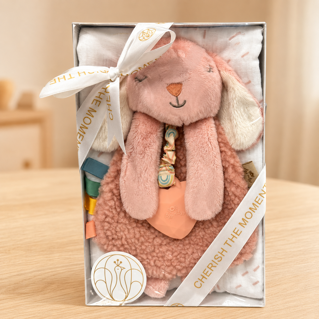 Baby Bundle (Box): Plush Lovey Bunny with Silicone Teether + Swaddle