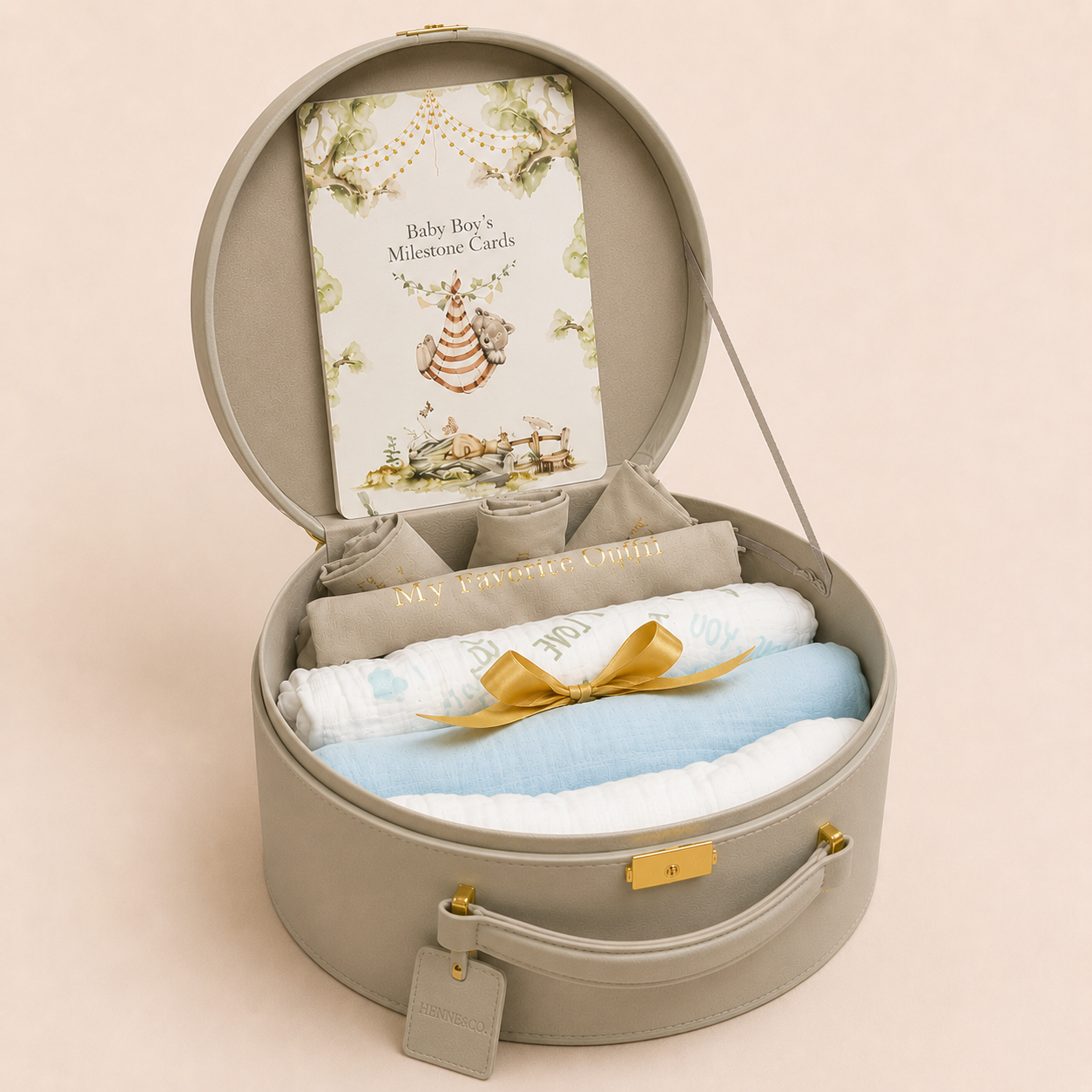Newborn Keepsake Box Bundle, Premium Pu Leather, Vegan, Storage (Gray) with Keepsake Pouches, I LOVE YOU Swaddle Set, Milestone Cards