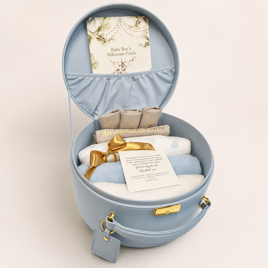 Newborn Keepsake Box Bundle, Premium Pu Leather, Vegan, Storage (Blue) with Keepsake Pouches, I LOVE YOU Swaddle Set, Milestone Cards