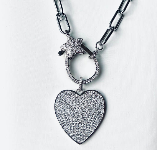 VALENTINE'S Closed Heart Necklace with Pave Crystals and 18K White Gold Plated Chain