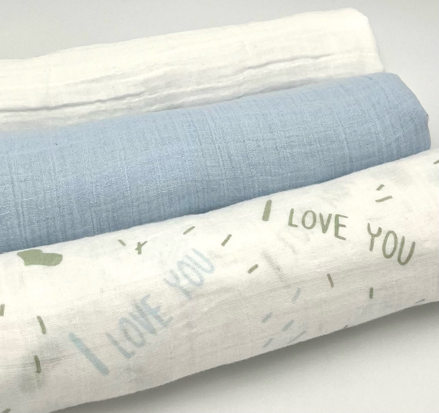 Swaddle Muslin Blankets: BUNDLE OF LOVE, Set of 3, Boy Newborn Gift