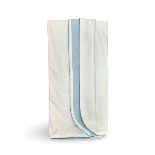 100% PIMA Cotton Reversible Blanket: White and Baby Blue with Niagra Blue Picot Trim