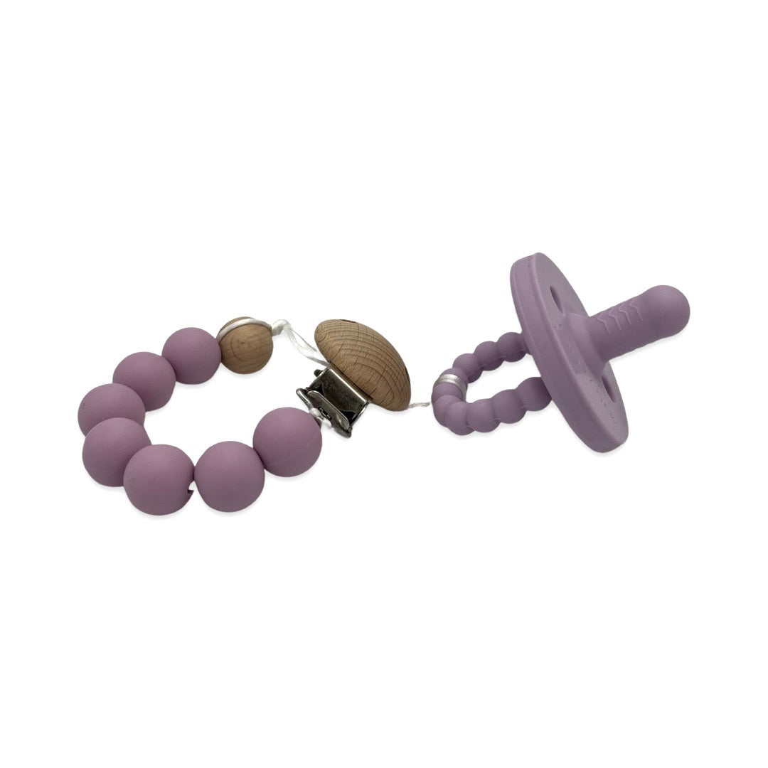 Silicone Baby Pacifiers & Clips (Macaron Purple, Warm Gray, and Baby Blue)