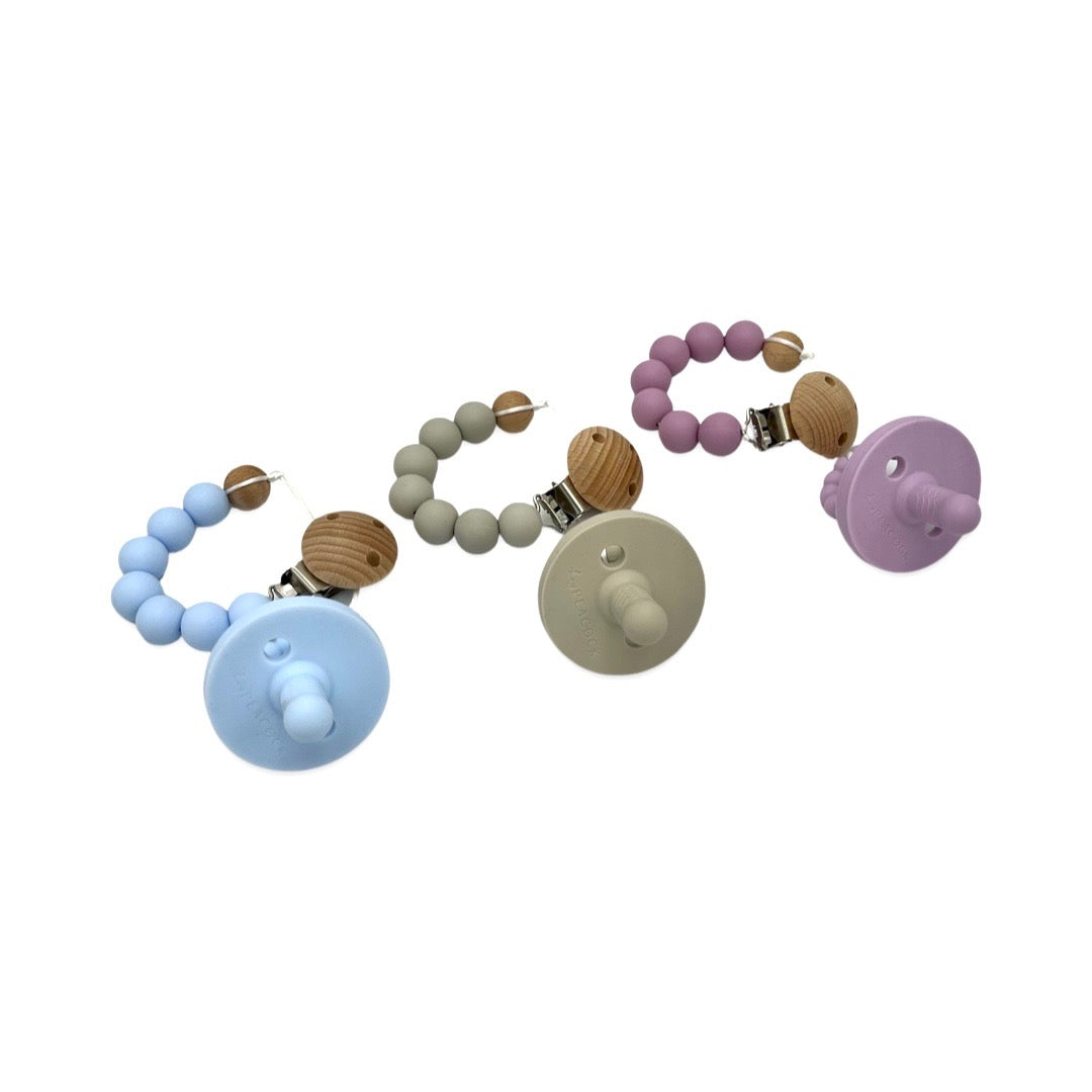 Silicone Baby Pacifiers & Clips (Macaron Purple, Warm Gray, and Baby Blue)