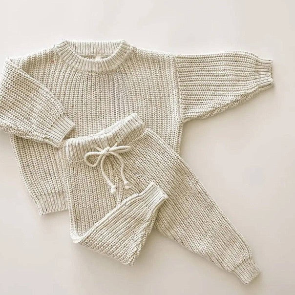 Knitted Top & Bottom Set: Salt & Pepper (Newborn)