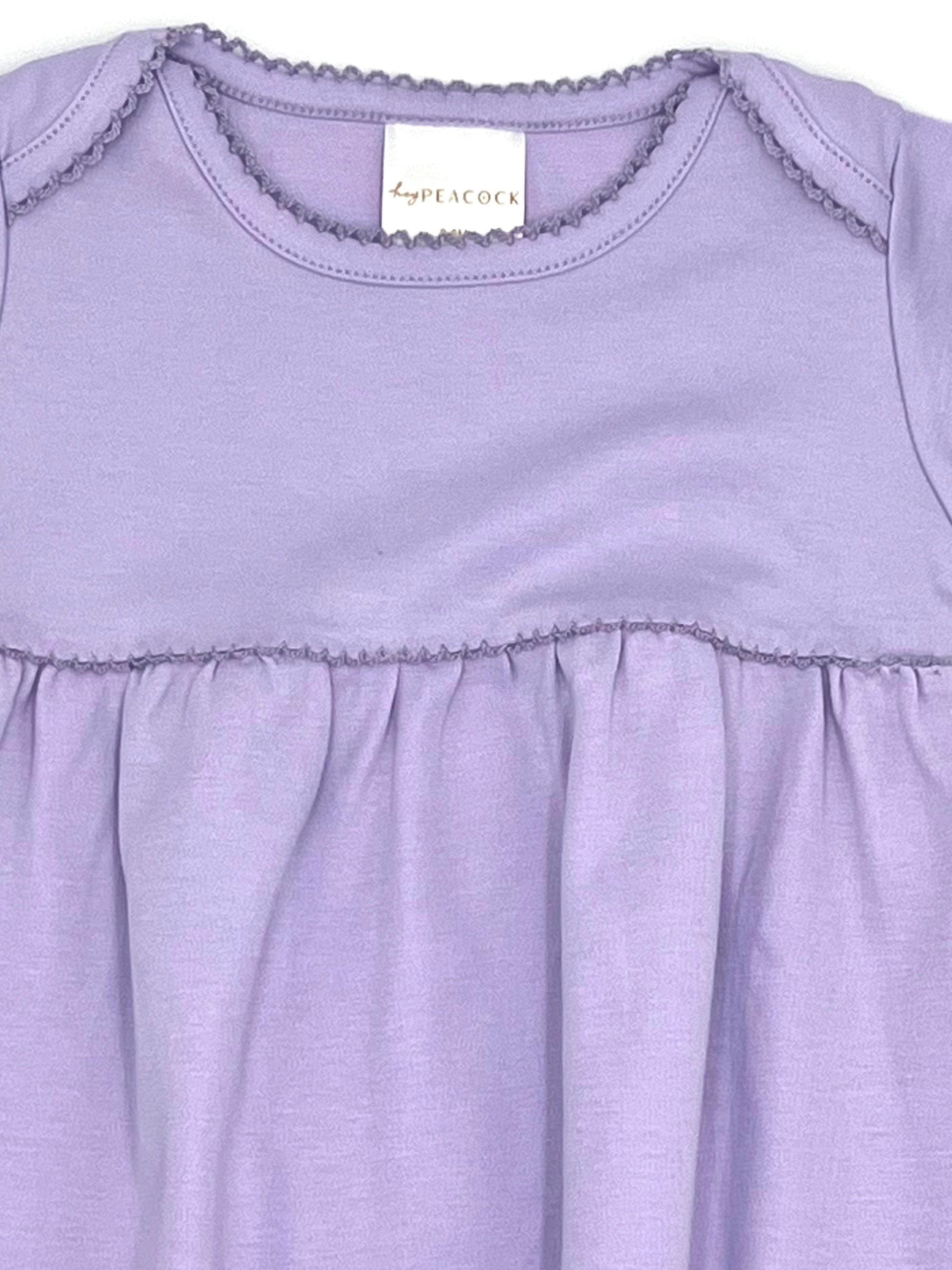 100% PIMA Cotton Ruffle Dress/Bloomer Set + Lavender Gown/Hat (Lavender Picot Trim)