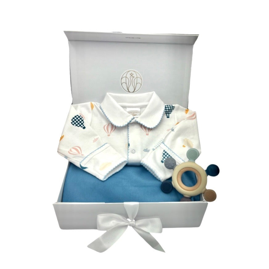 100% PIMA Cotton Boys Collared Footie SET: Up, Up & Away Footie w/Blue Picot Trim, Reversible Blue Blanket and Bib, Teether