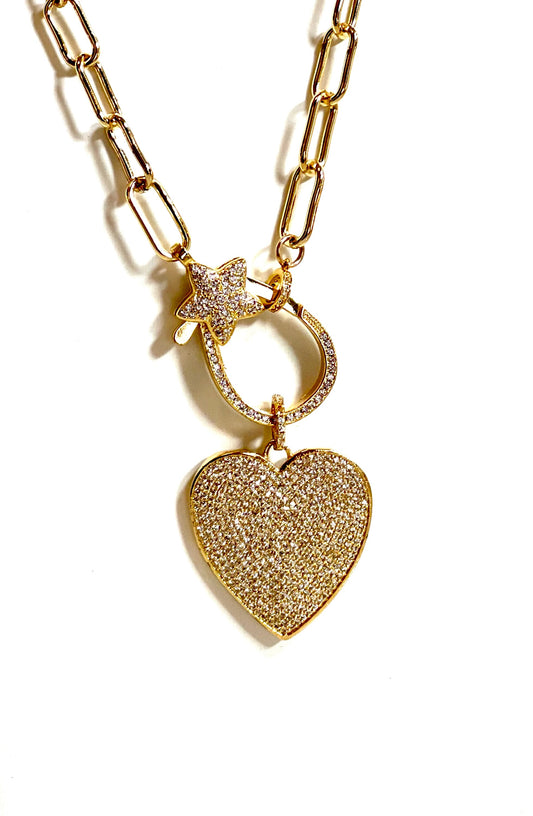 VALENTINE'S Closed Heart Necklace with Pave Crystals and 18K Yellow Gold Plated Chain