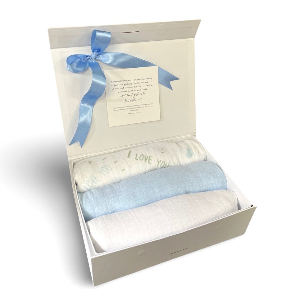 Swaddle Muslin Blankets: BUNDLE OF LOVE, Set of 3, Boy Newborn Gift