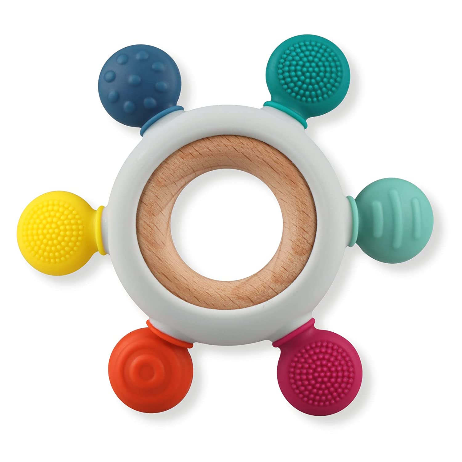 Colorful Baby Teether Toy, BPA-Free Silicone Rings with Organic Natural Wood