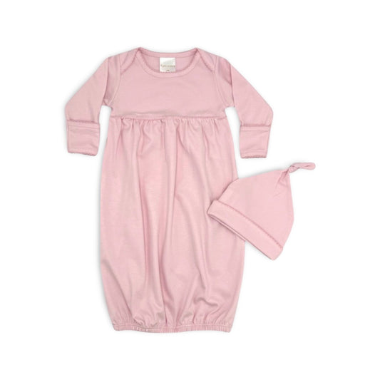 100% PIMA Cotton Newborn Pleated Gown & Hat Set: Light Pink (0-6 months)