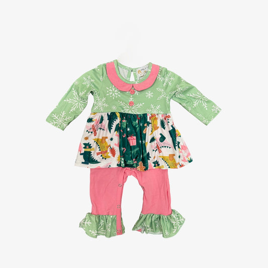 Holiday Snowflake Jumpsuit (Pink & Green)- 6 months