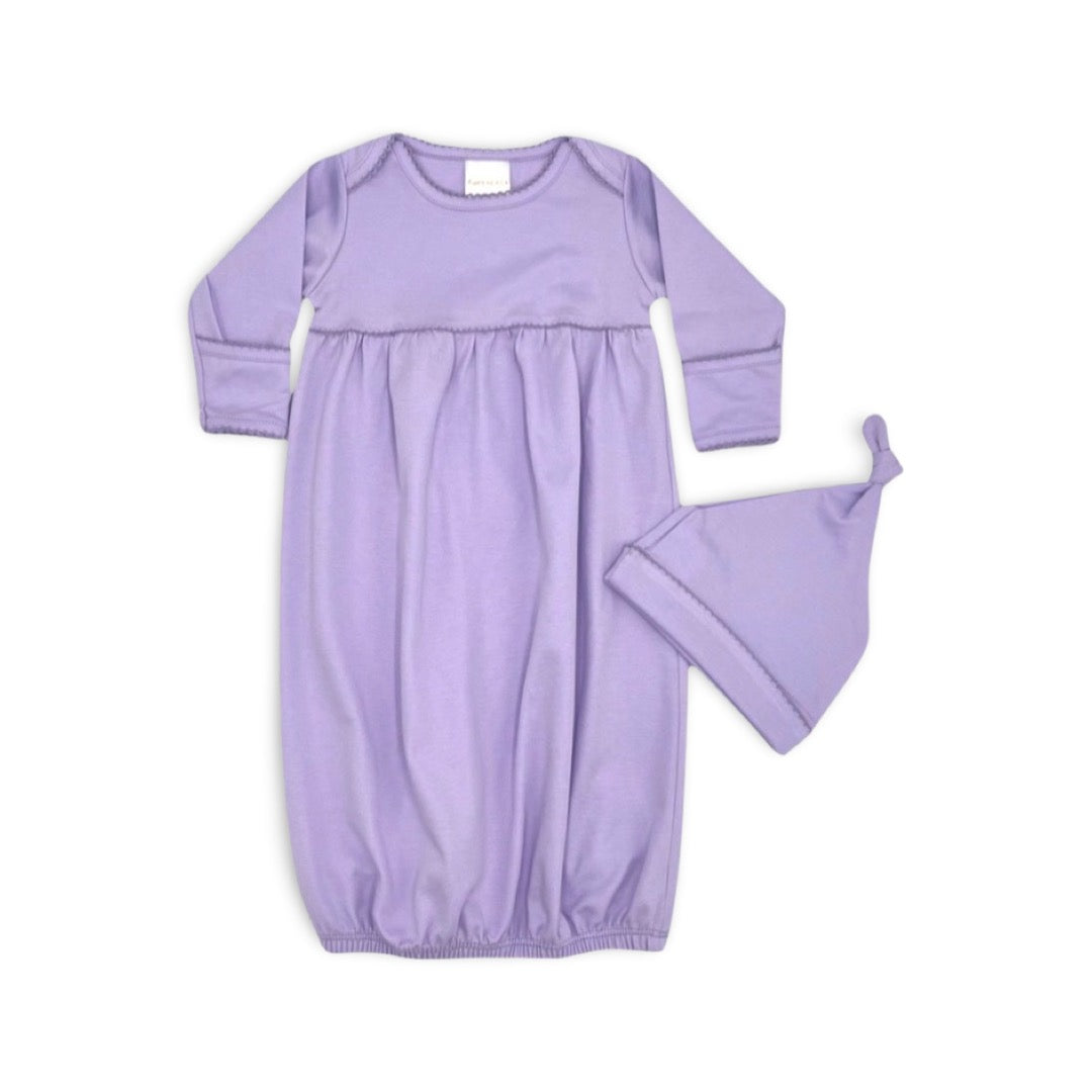 100% PIMA Cotton Ruffle Dress/Bloomer Set + Lavender Gown/Hat (Lavender Picot Trim)