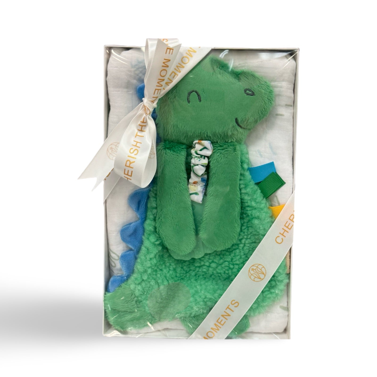 Baby Bundle (Box): Plush Lovey Dino with Silicone Teether + Swaddle