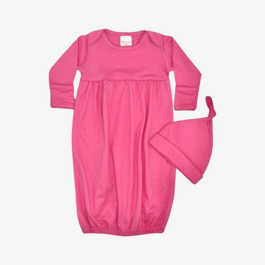 100% PIMA Cotton Newborn Pleated Gown & Hat Set: Hot Pink (0-6 months)