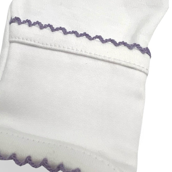 100% PIMA Cotton Newborn Pleated Gown & Hat Set: White with Lavender Picot (0-6 months)