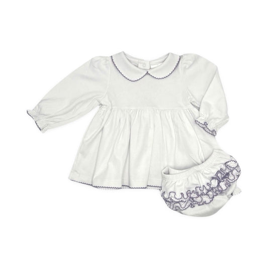 100% PIMA Cotton Ruffle Dress and Bloomer Set with Lavender Picot Trim