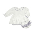 Load image into Gallery viewer, 100% PIMA Cotton Ruffle Dress/Bloomer Set + Lavender Gown/Hat (Lavender Picot Trim)
