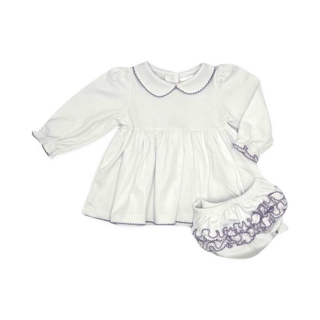 100% PIMA Cotton Ruffle Dress/Bloomer Set + Lavender Gown/Hat (Lavender Picot Trim)