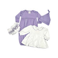 Load image into Gallery viewer, 100% PIMA Cotton Ruffle Dress/Bloomer Set + Lavender Gown/Hat (Lavender Picot Trim)
