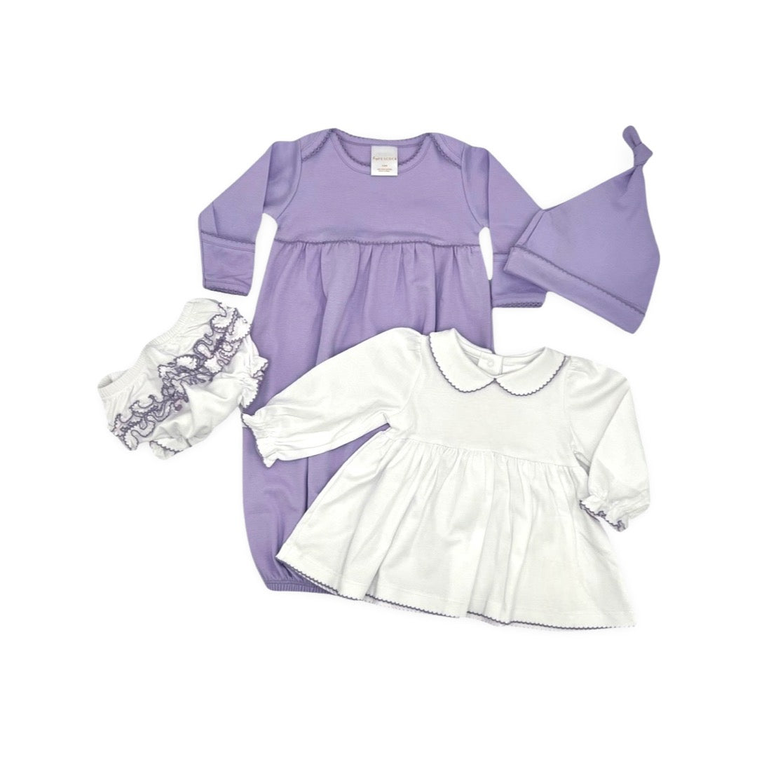 100% PIMA Cotton Ruffle Dress/Bloomer Set + Lavender Gown/Hat (Lavender Picot Trim)