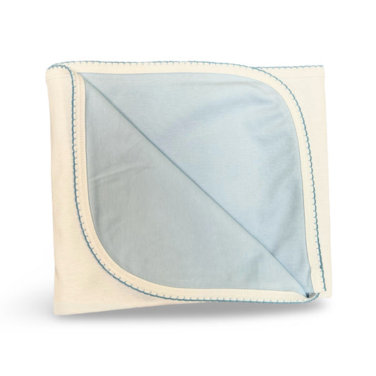 100% PIMA Cotton Reversible Blanket: White and Baby Blue with Niagra Blue Picot Trim