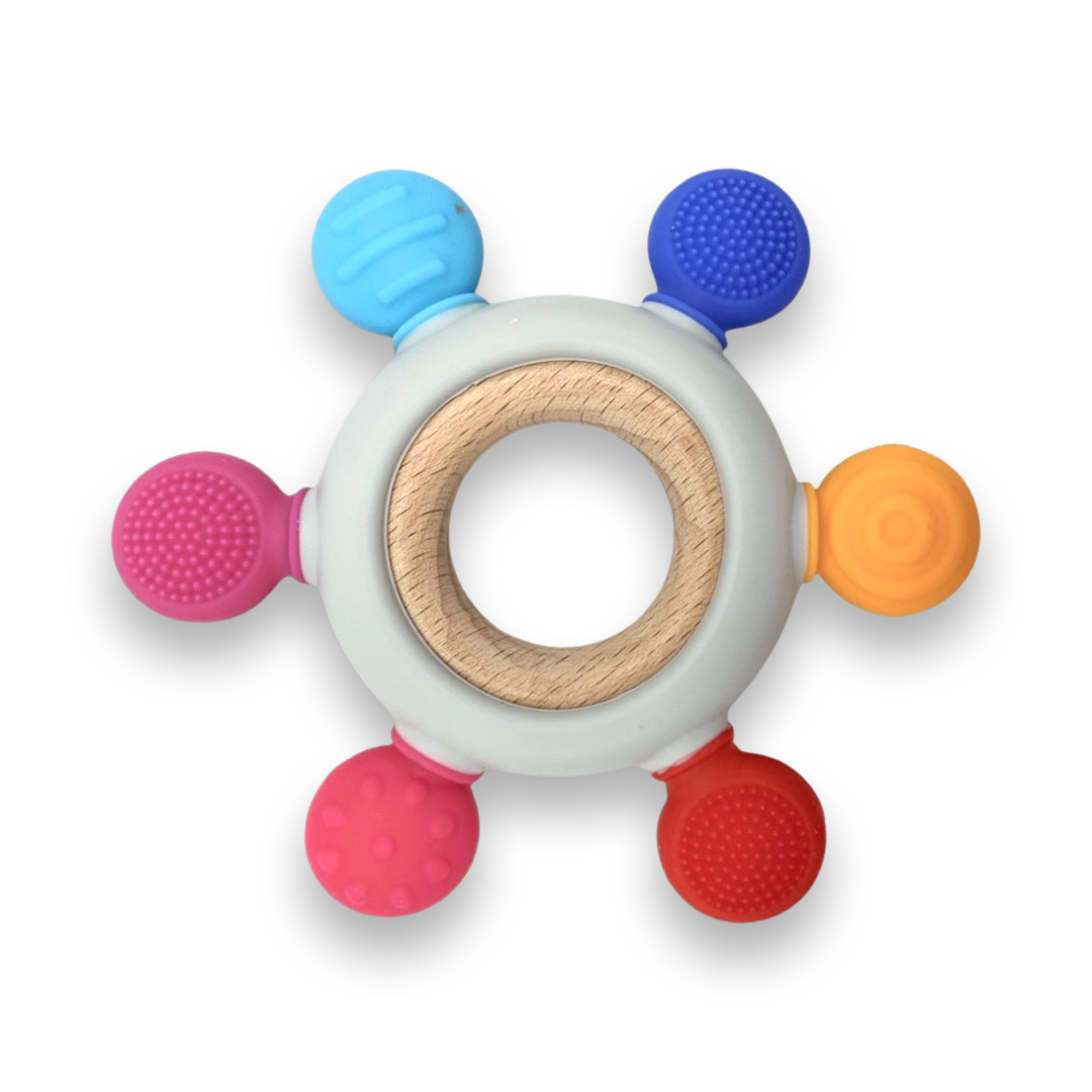 Colorful Baby Teether Toy, BPA-Free Silicone Rings with Organic Natural Wood