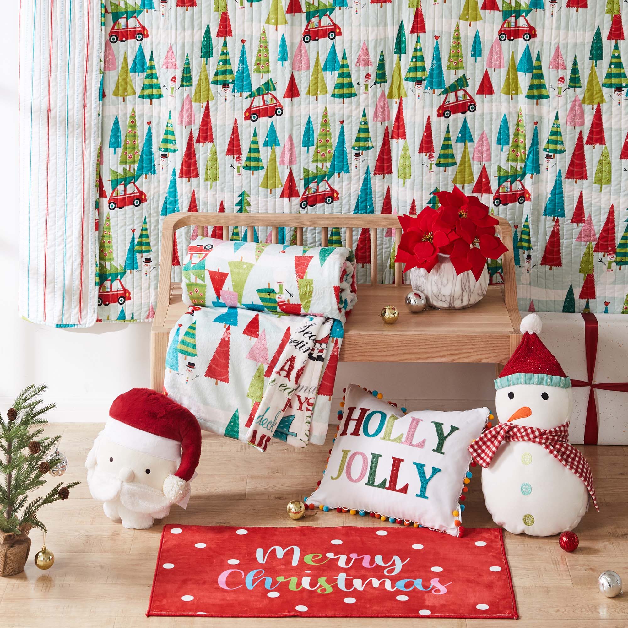 Pillow: Merry & Bright Holly Jolly Pom Pillow (Holiday)