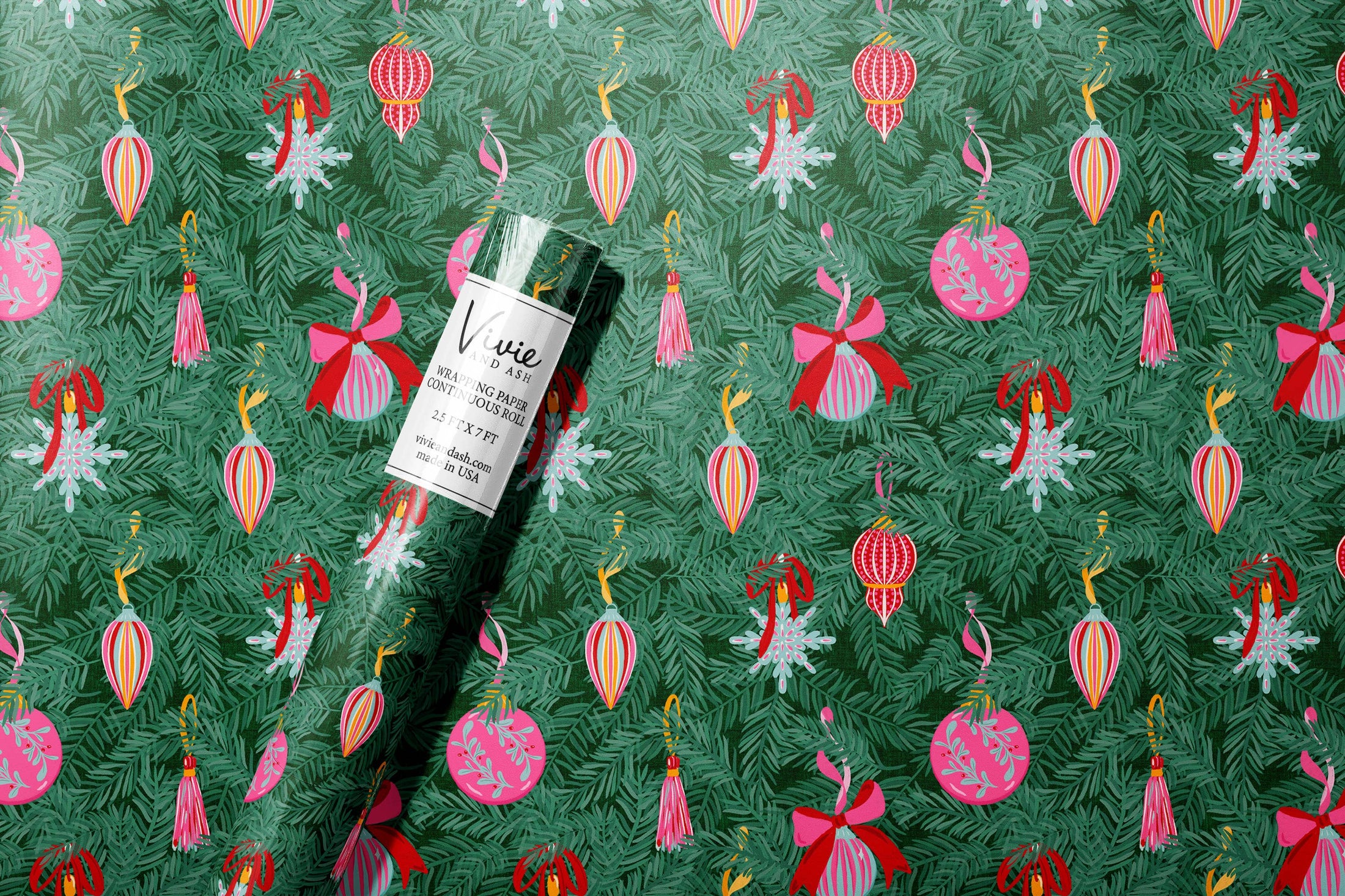 Gift Wrap: Christmas Ornaments and Branches Pink Wrapping Paper Roll
