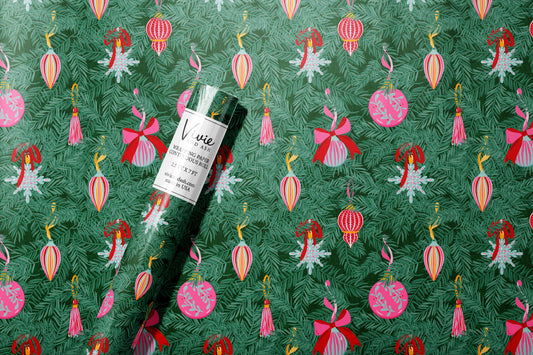 Gift Wrap: Christmas Ornaments and Branches Pink Wrapping Paper Roll