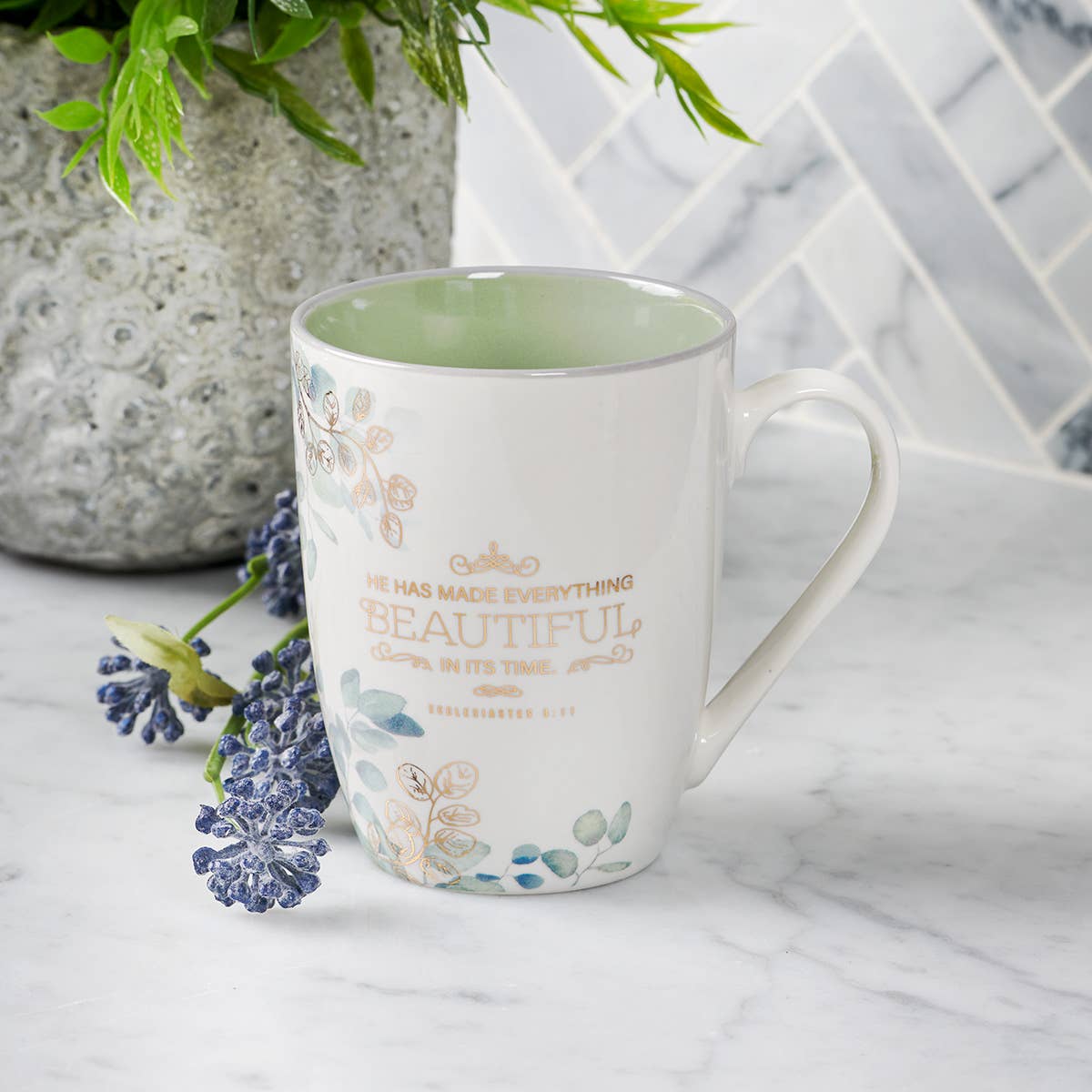 Mug: White/Green Leaves (Everything Beautiful Eccl. 3:11)