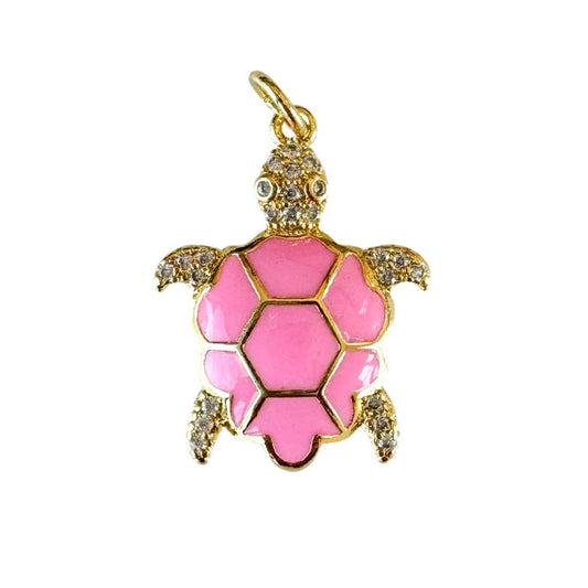 Charm: Pink CZ Sea Turtle Charm For Charm Necklace & Bracelet