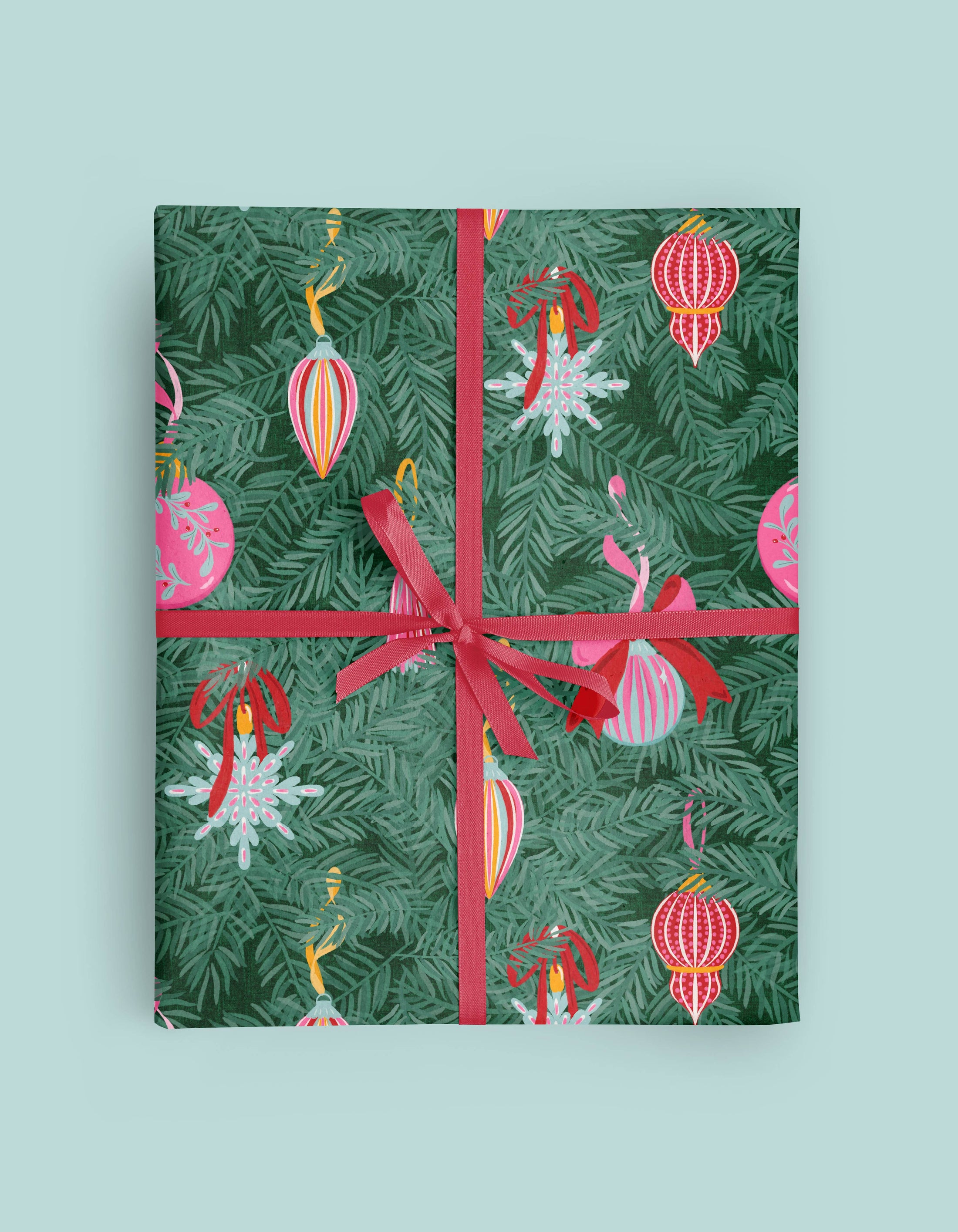 Gift Wrap: Christmas Ornaments and Branches Pink Wrapping Paper Roll