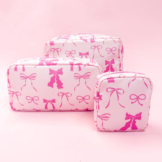 Cosmetic Bag: Pink Bows Nylon Cosmetic Zipper Bag