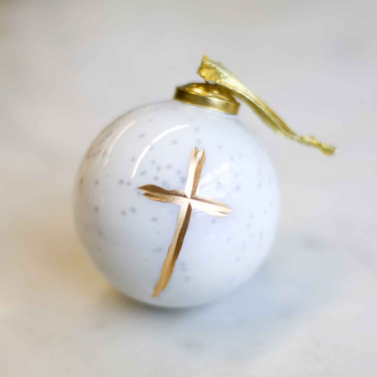 Ornament: Christmas Cross Glass Ball Ornament  - White/Gold