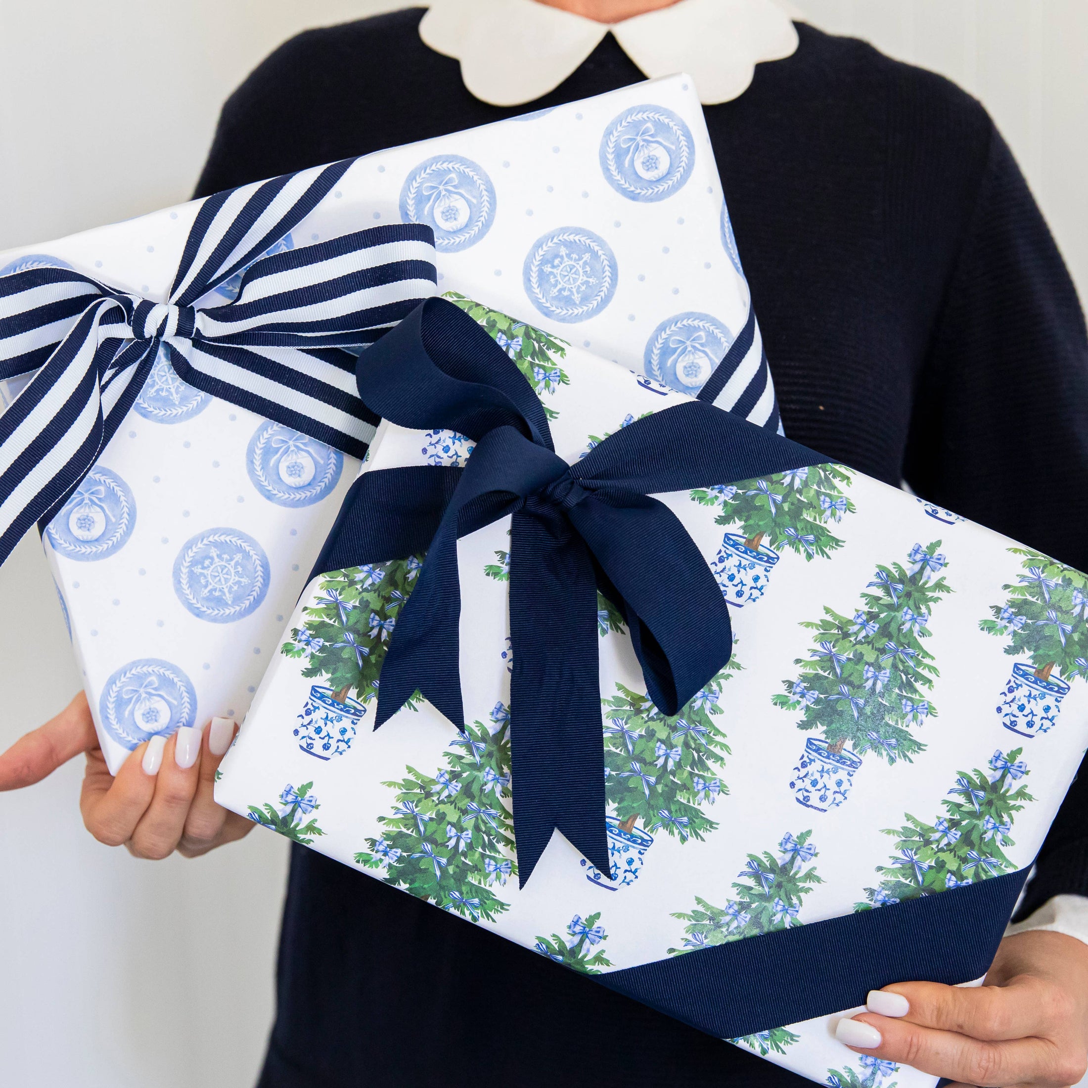 Gift Wrap: Continuous Roll Gift Wrap | Blue Bows Christmas Trees