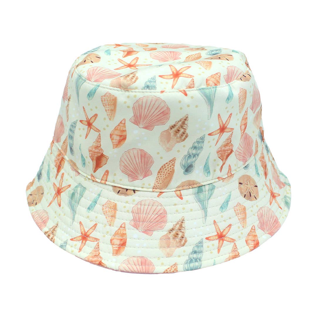 Beach Baby Bucket Hat: Sandy Seashells Pink Reversible