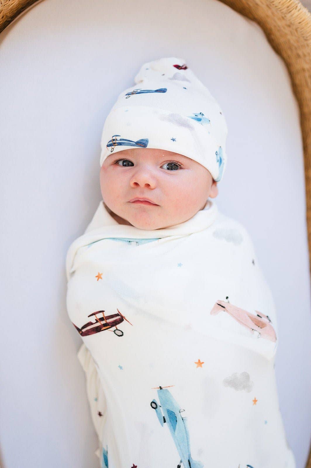Vintage Airplane Swaddle Blanket: Bamboo Stretch: Swaddle + Knot Hat