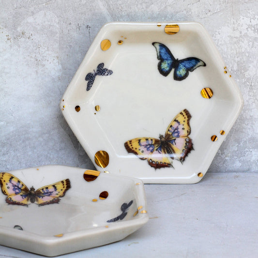 Trinket Tray: Hexagon Butterfly Tray | Jewelry Dish | Handmade with Gold