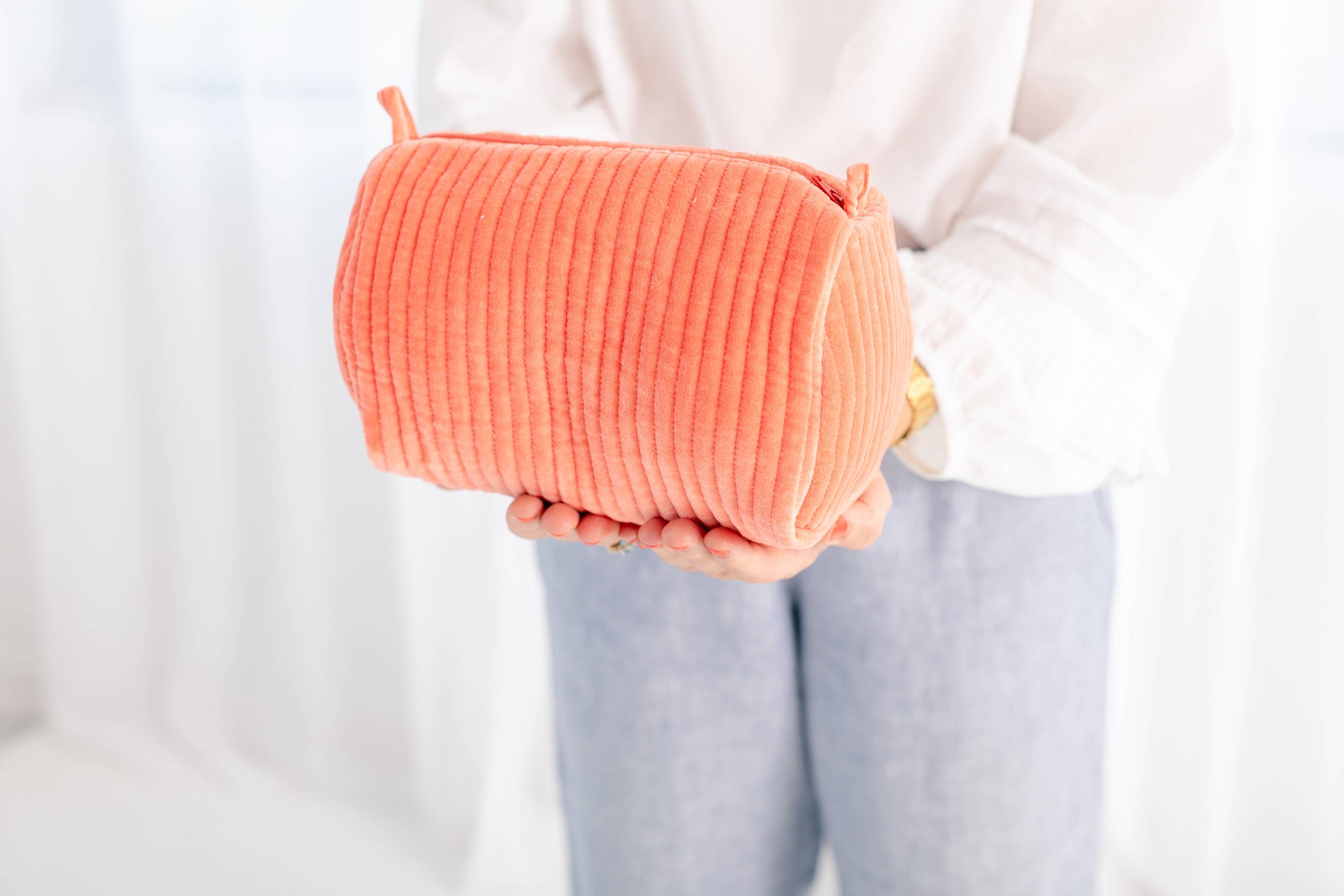 Pouch: Velvet & Block Print Cosmetic Pouch (Coral)