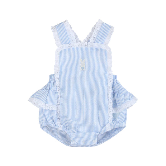 Romper: Light Blue Seersucker Easter Bunny Ruffle Romper