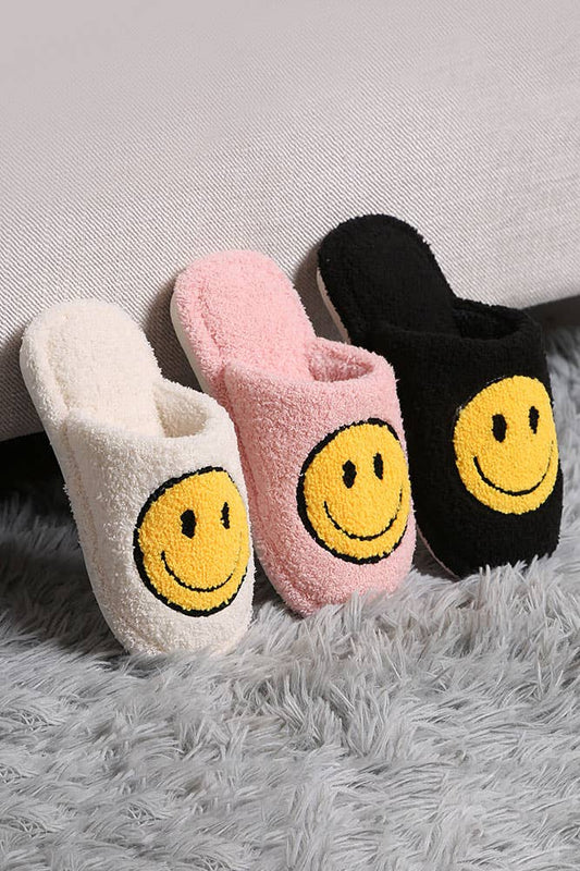 Slippers: Children's Happy Face Embroidered: Pink (Girls 3-4)