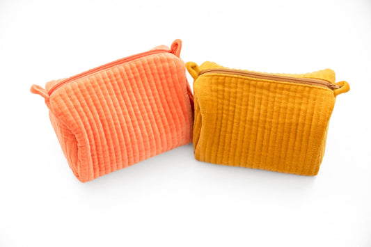 Pouch: Velvet & Block Print Cosmetic Pouch (Coral)